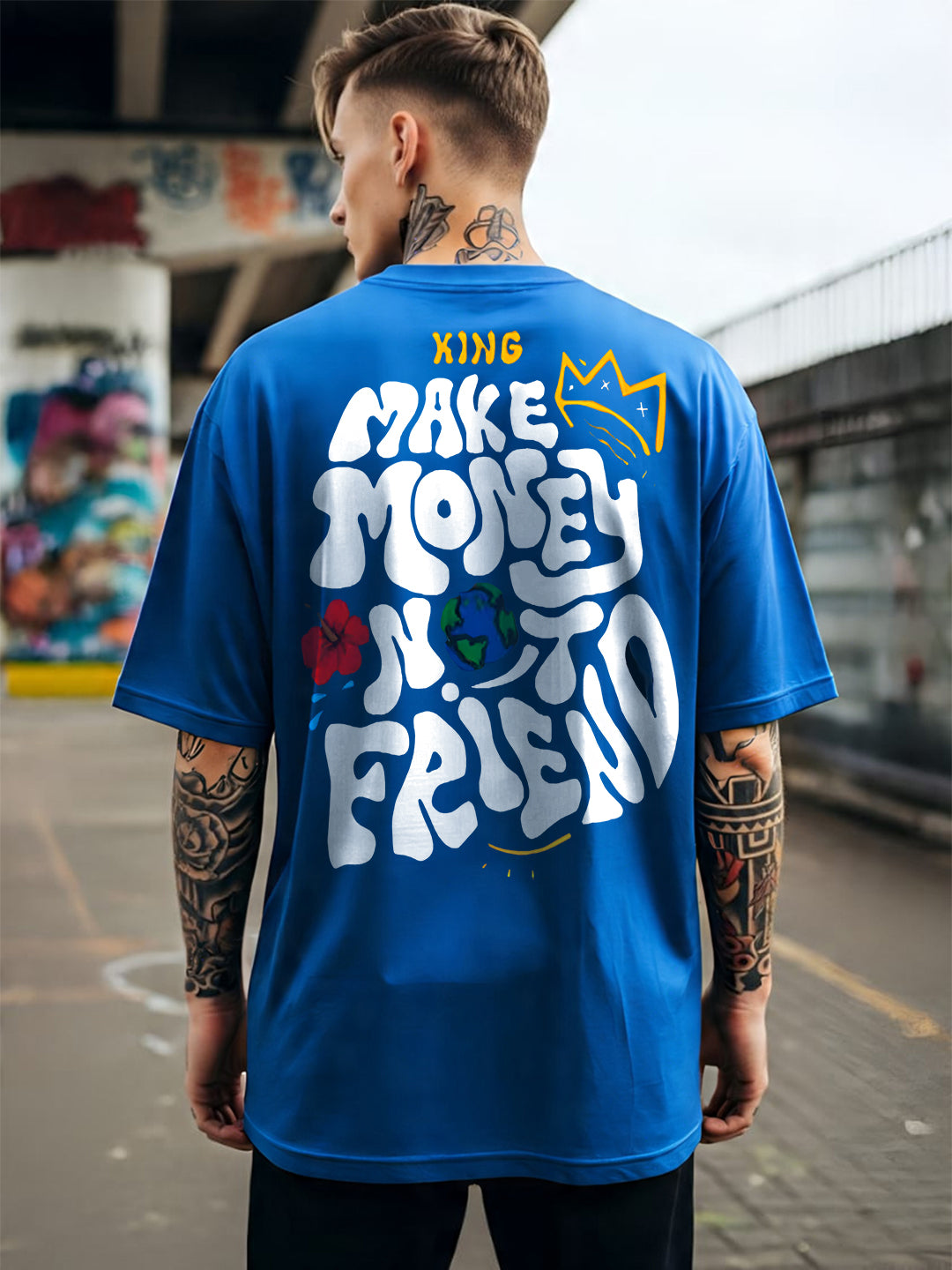 Angerhood Men Oversized “Make Money Not Friends” Graphic Printed Cotton T-Shirt