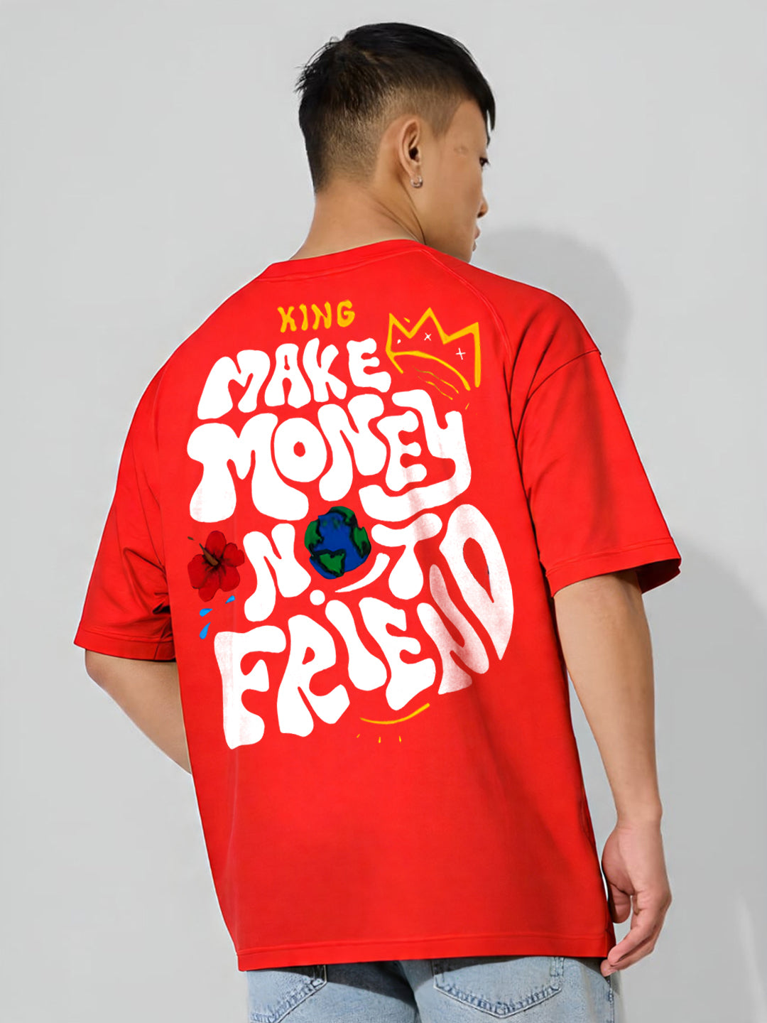 Angerhood Men Oversized “Make Money Not Friends” Graphic Printed Cotton T-Shirt