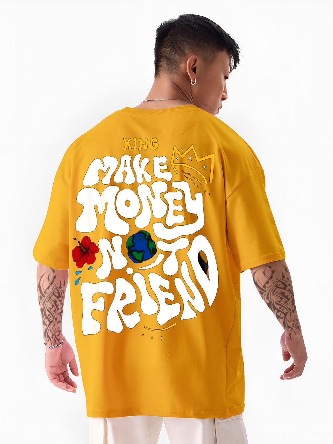 Angerhood Men Oversized “Make Money Not Friends” Graphic Printed Cotton T-Shirt