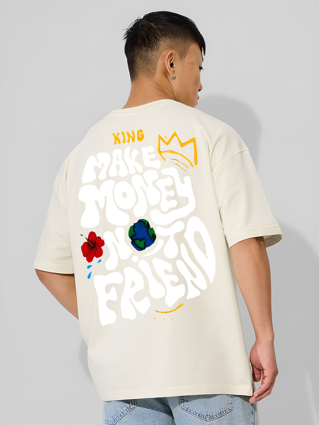 Angerhood Men Oversized “Make Money Not Friends” Graphic Printed Cotton T-Shirt