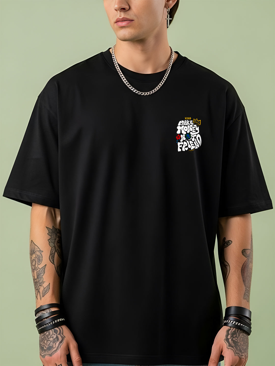 Angerhood Men Oversized “Make Money Not Friends” Graphic Printed Cotton T-Shirt