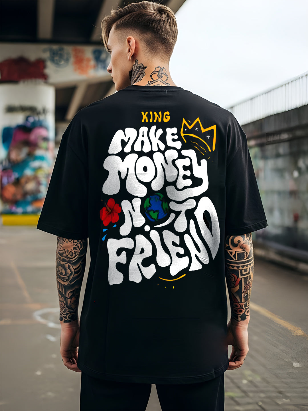 Angerhood Men Oversized “Make Money Not Friends” Graphic Printed Cotton T-Shirt
