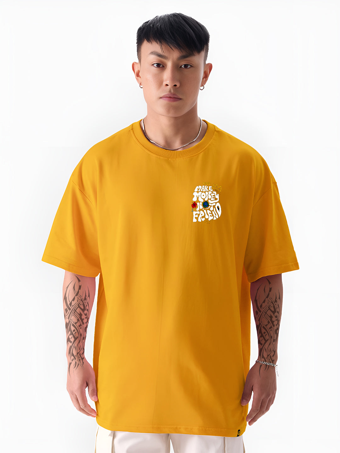 Angerhood Men Oversized “Make Money Not Friends” Graphic Printed Cotton T-Shirt