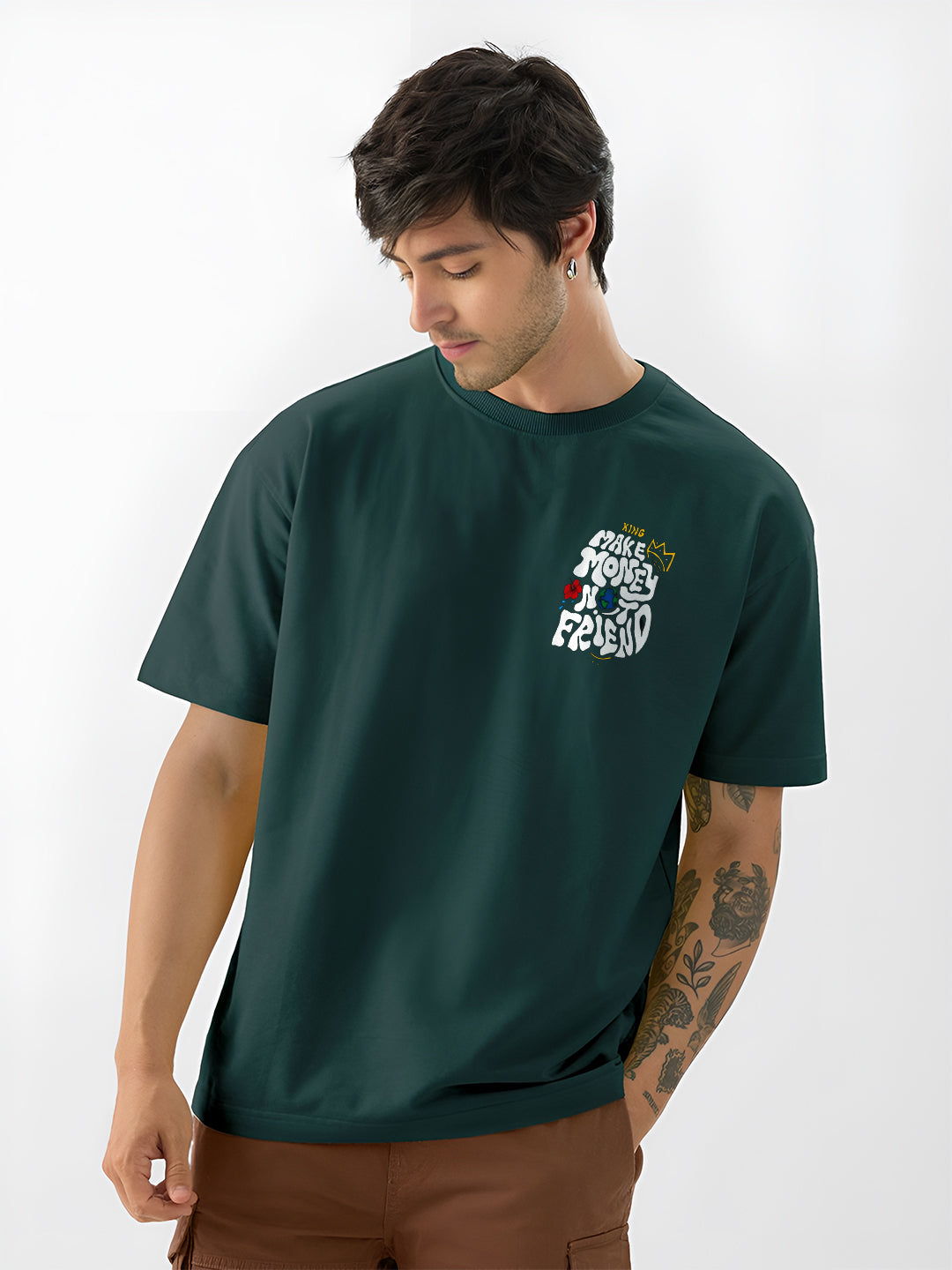 Angerhood Men Oversized “Make Money Not Friends” Graphic Printed Cotton T-Shirt