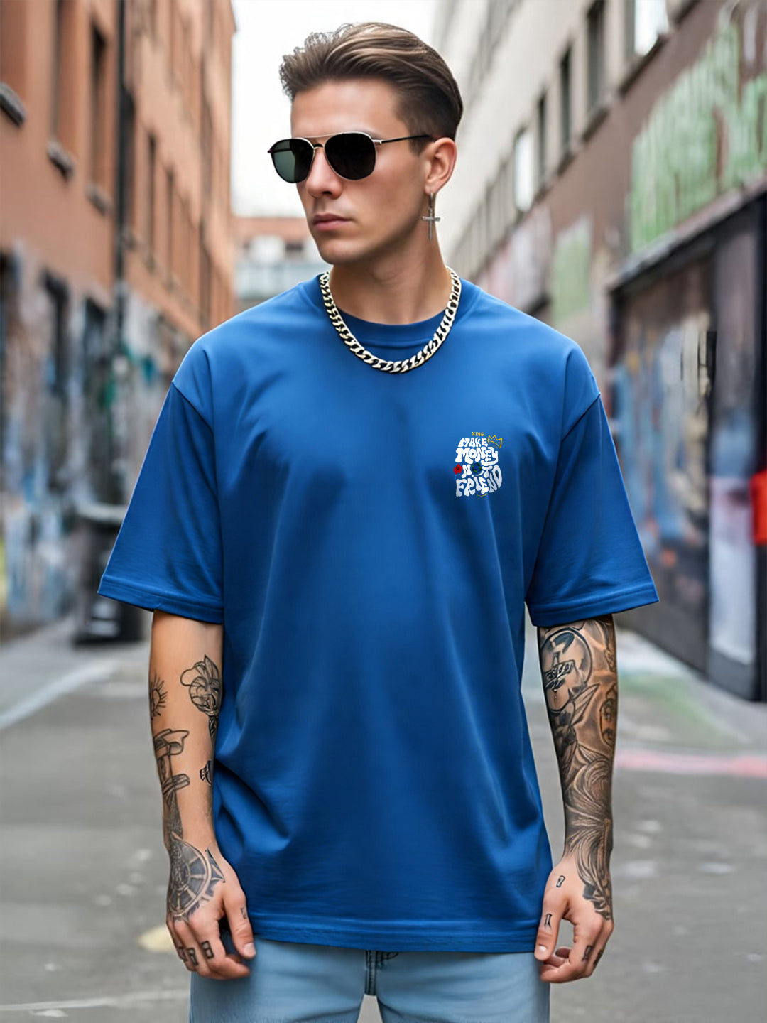 Angerhood Men Oversized “Make Money Not Friends” Graphic Printed Cotton T-Shirt