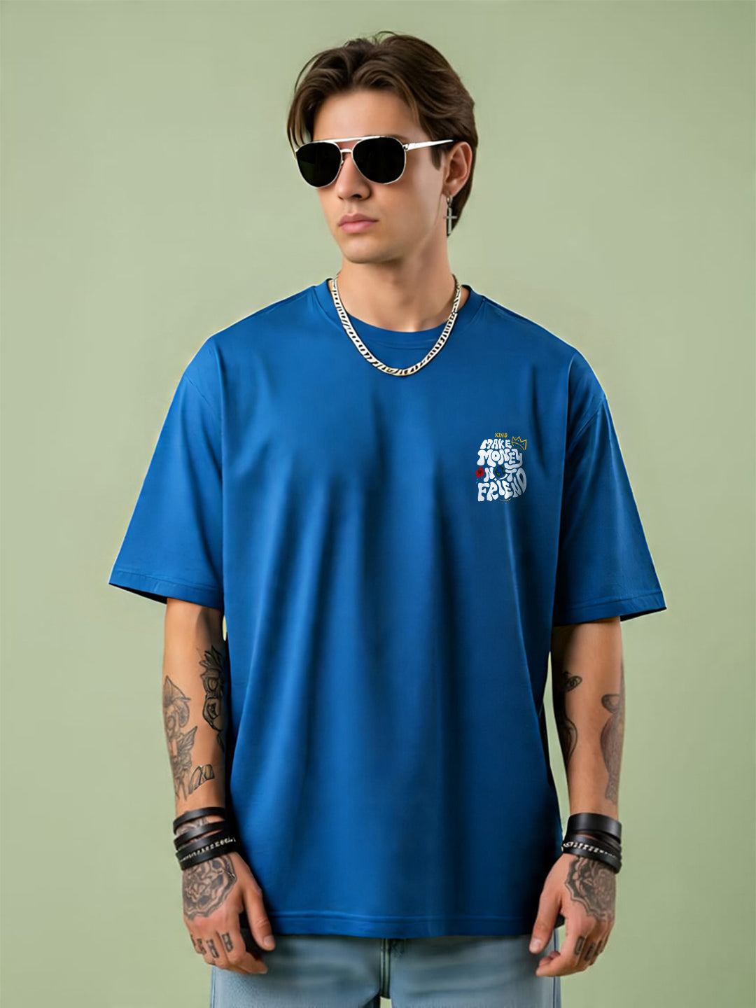 Angerhood Men Oversized “Make Money Not Friends” Graphic Printed Cotton T-Shirt