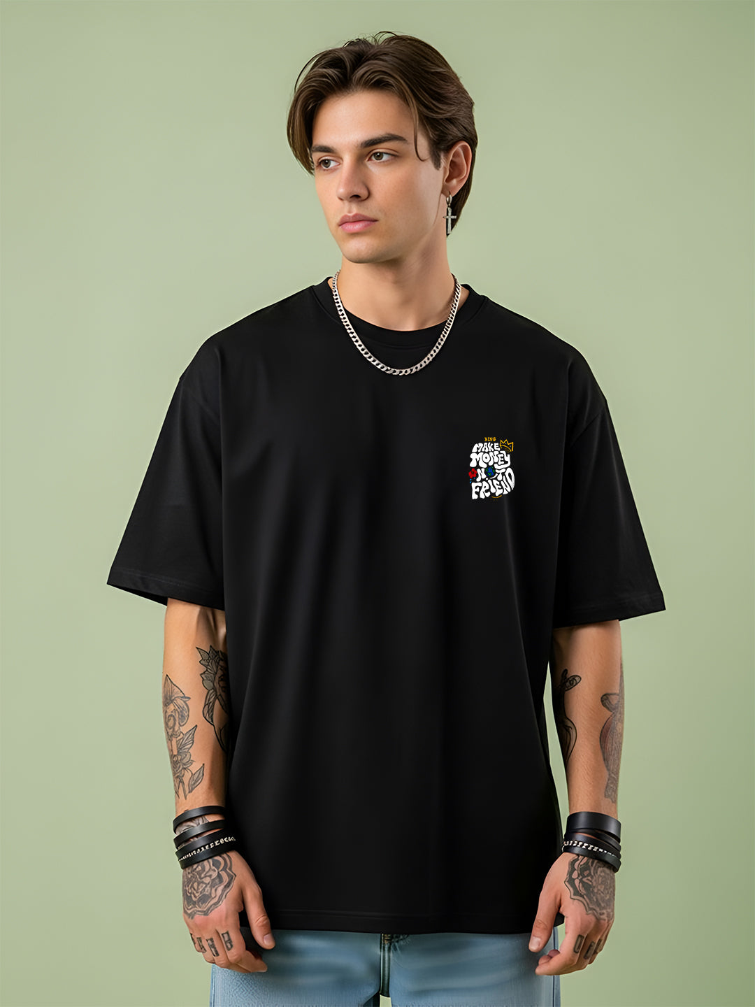 Angerhood Men Oversized “Make Money Not Friends” Graphic Printed Cotton T-Shirt